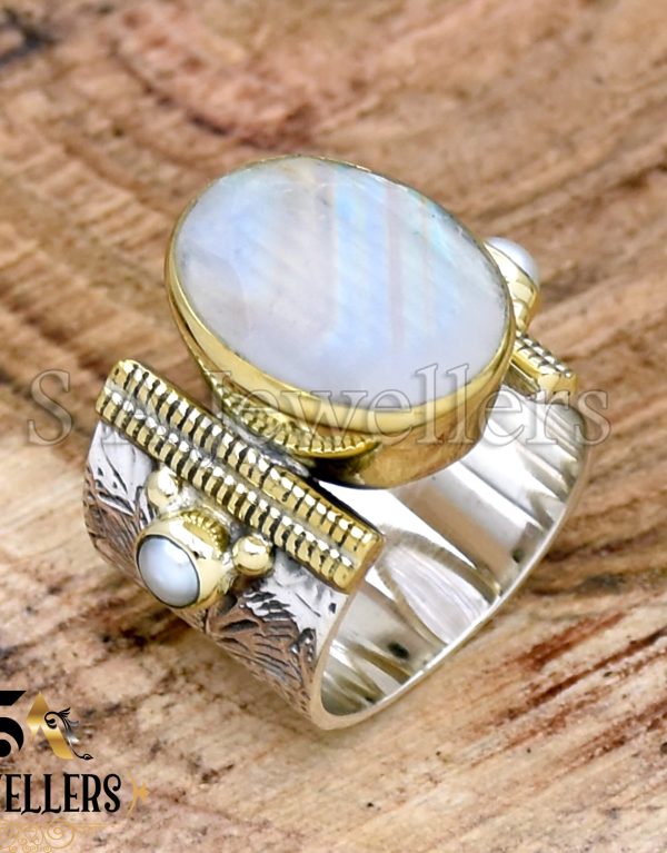 Rainbow Moonstone, Textured Ring, Tow Tone Ring, 925 Sterling Silver Ring, Handmade Jewelry