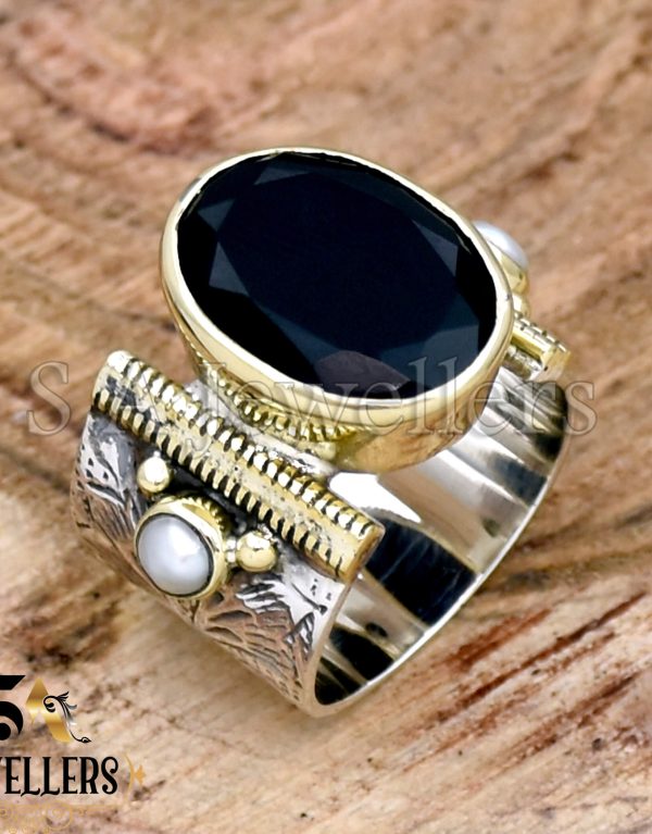 Black Onyx Ring, 925 Sterling Silver Ring, Textured Ring, Tow Tone Ring, Wide Band Ring,