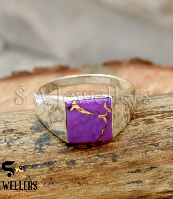 Purple Copper Turquoise Ring, Handmade Pinky Ring, 925 Sterling Silver Ring