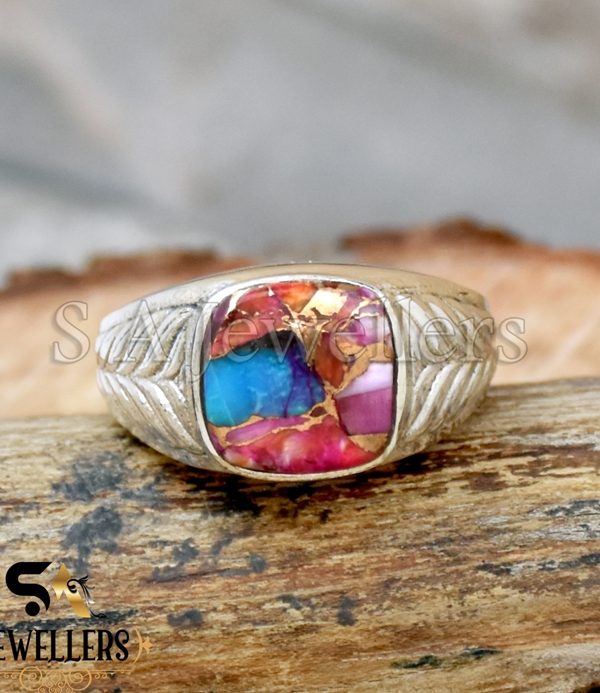Pink Copper Turquoise Ring, Statement Ring, 925 Sterling Silver Ring