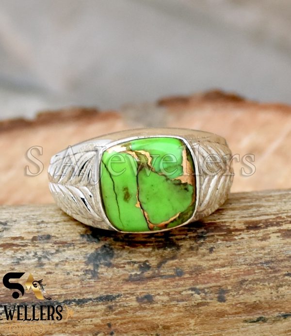 Green Copper Turquoise Ring, Statement Ring, 925 Sterling Silver Ring