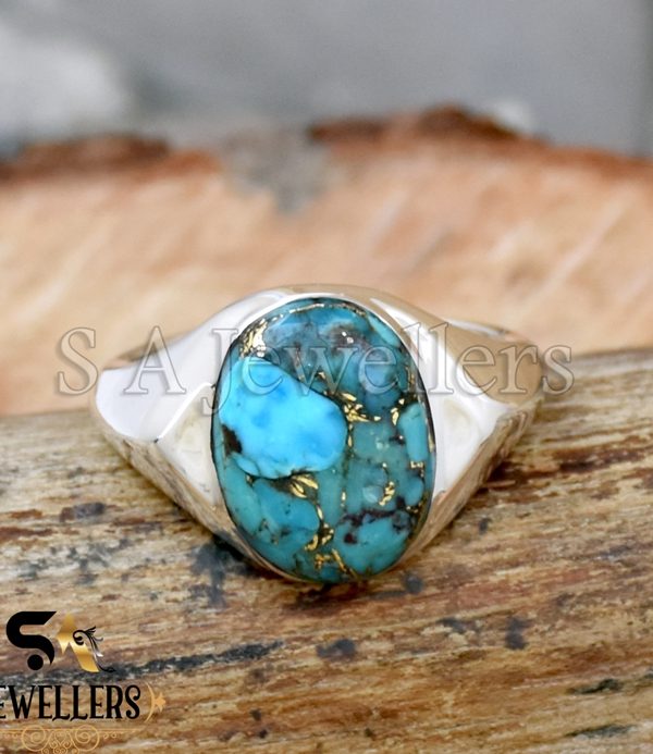 Blue Copper Turquoise Ring, Men's Ring, 925 Sterling Silver Ring, Plain Ring