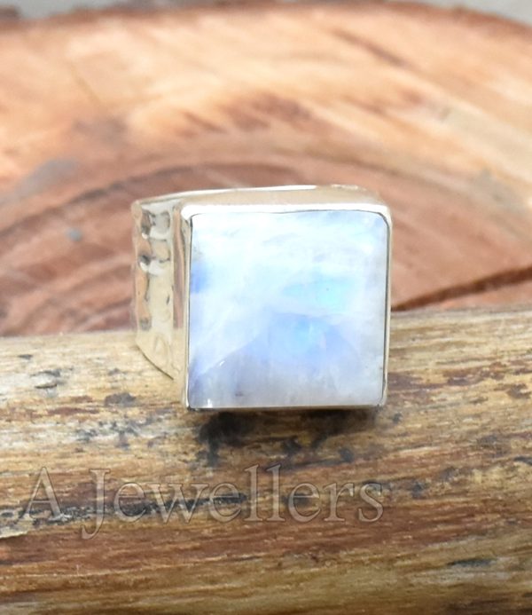 Rainbow Moonstone Ring, Hammered Ring, 925 Sterling Silver Ring