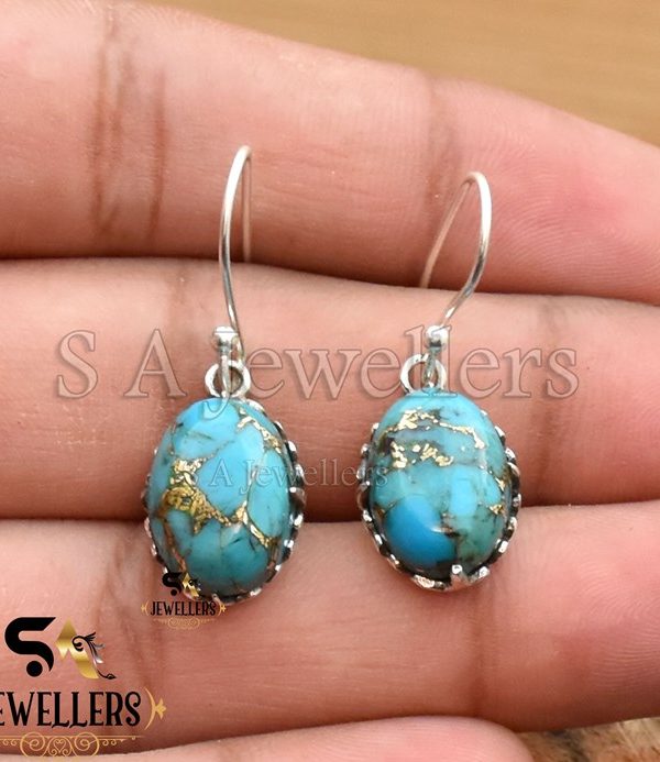 Blue Copper Turquoise Earring, 925 Sterling Silver Drop Dangle Earring