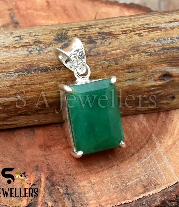 Indian Emerald Pendant, 925 Sterling Silver Ring, Prong Pendant