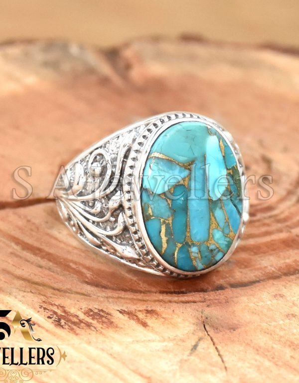 Blue Copper Turquoise Men's Ring, 925 Sterling Silver Ring, Statement Ring, Gift For Her