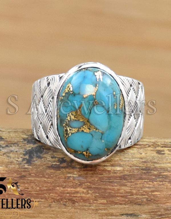 Blue Copper Turquoise Men's Ring, 925 Sterling Silver Ring, Statement Ring