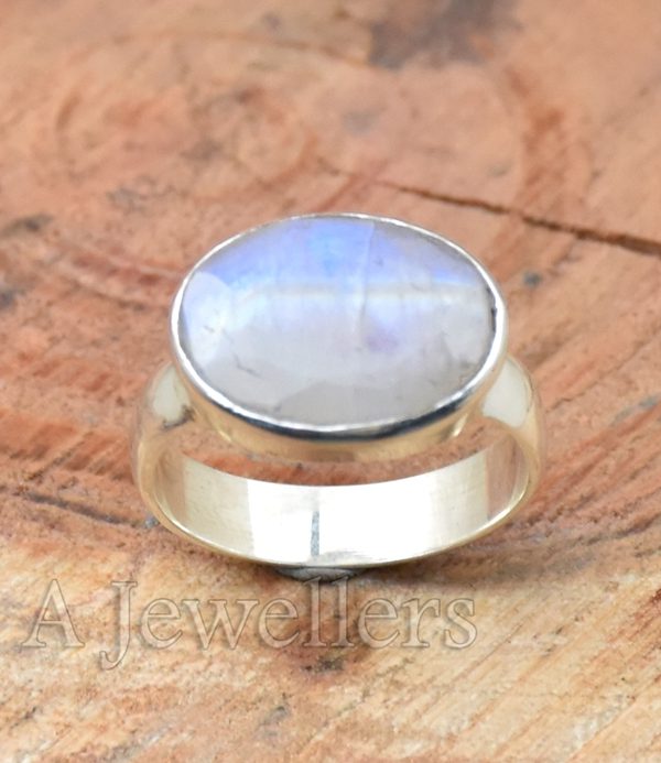 Rainbow Moonstone Ring, Faceted Silver Ring, 925 Sterling Silver Ring