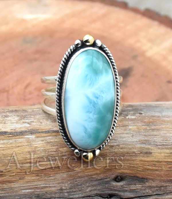 Natural Larimar Ring, 925 Sterling Silver Ring, Two Tone Ring