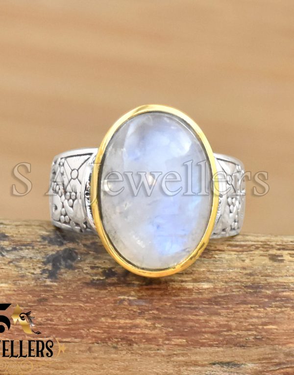 Natural Rainbow Moonstone Ring, 925 Sterling Silver Ring, Two Tone Ring