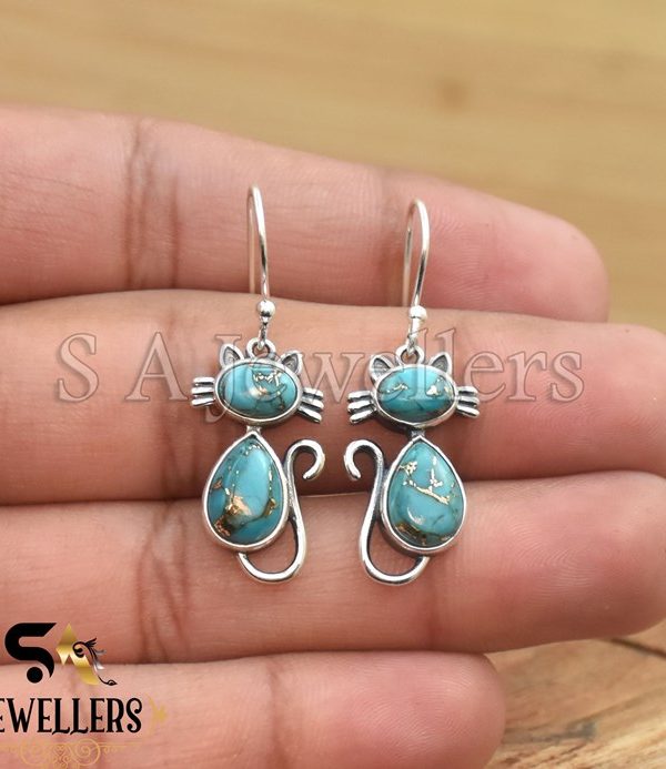 Blue Copper Turquoise Earring, 925 Sterling Silver Earring, Handmade Jewelry