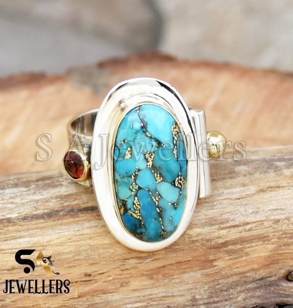 Blue Copper Turquoise Ring, Brass Ball Ring, 925 Sterling Silver, Two Tone Ring