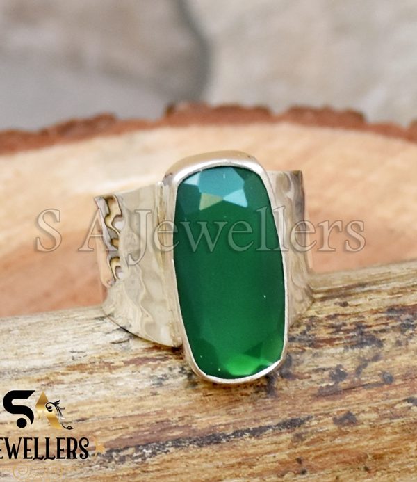 Natural Green Onyx Ring, 925 Sterling Silver Ring, Hammered Band Ring