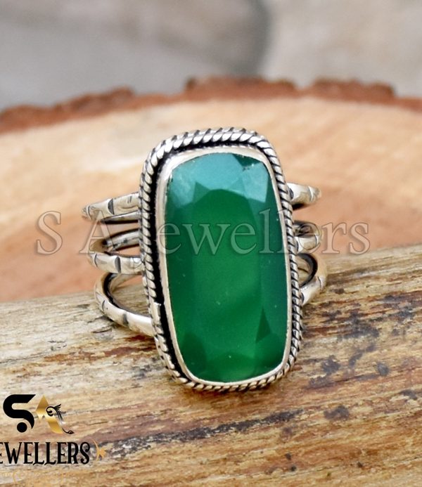 Natural Green Onyx Ring, 925 Sterling Silver Ring, Multi Band Ring