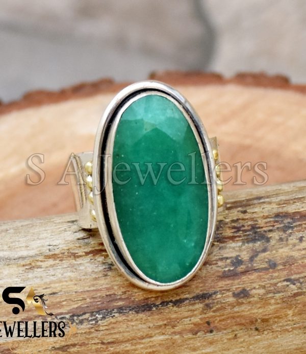 Indian Emerald Ring, 925 Sterling Silver Ring, Two Tone Ring