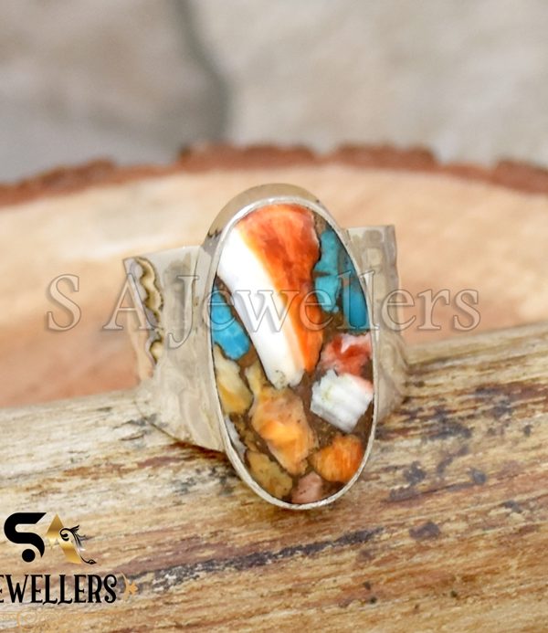 Oyster Copper Turquoise Ring, 925 Sterling Silver Ring, Hammered Wide Ring