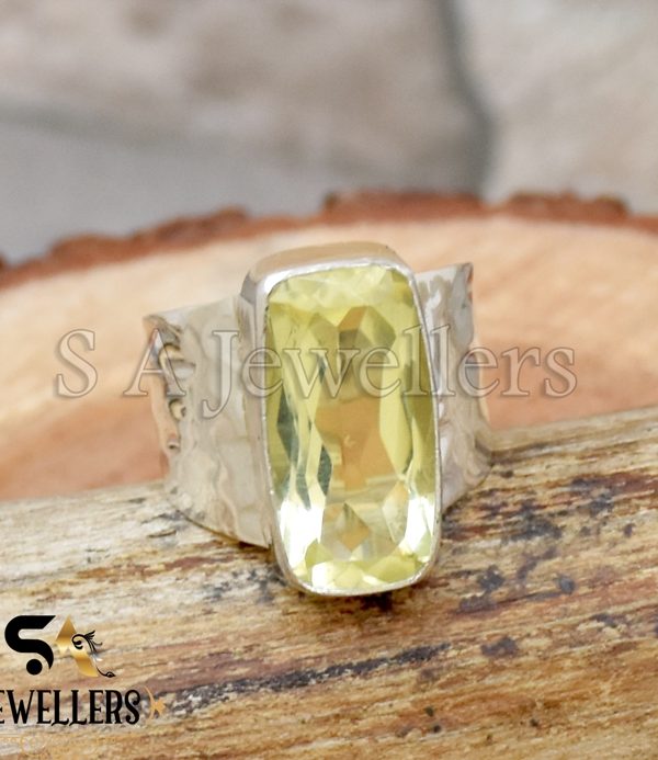 Lemon Topaz Ring, 925 Sterling Silver Ring, Hammered Wide Band Ring