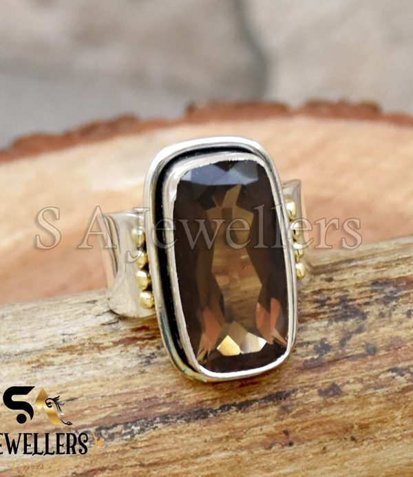 Natural Smoky Quartz Ring, 925 Sterling Silver Ring, Two Tone Ring