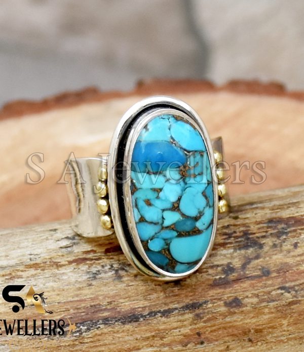 Blue Copper Turquoise Ring, 925 Sterling Silver Ring, Two Tone Ring