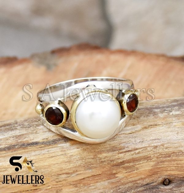 Fresh Water Pearl Ring, Garnet Ring, 925 Sterling Silver Ring, Tow Tone Ring