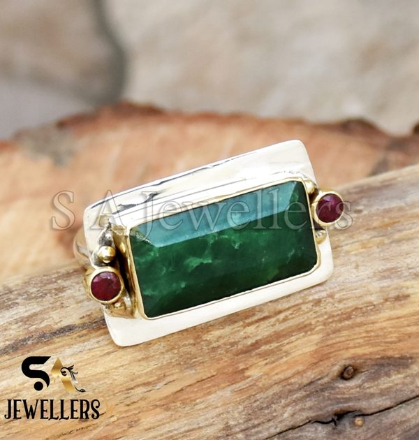 Indian Emerald & Ruby Ring, Modern Design Ring, 925 Sterling Silver, Two Tone Ring,
