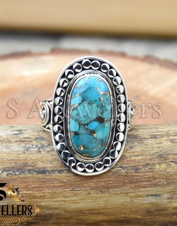 Blue Copper Turquoise Ring, 925 Sterling Silver, Handmade Women Ring