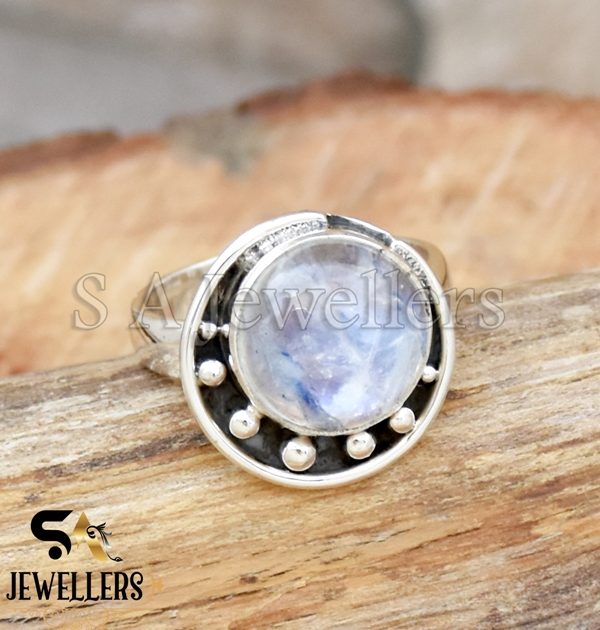 Natural Rainbow Moonstone Ring, Silver Ball Ring, 925 Sterling Silver, Women's Ring