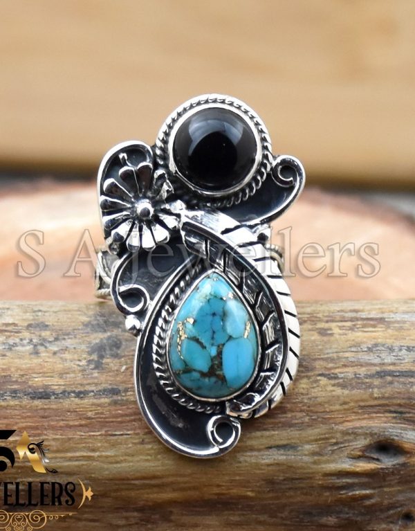 Blue Copper Turquoise Ring, Black Onyx Ring, 925 Sterling Silver Flower Ring
