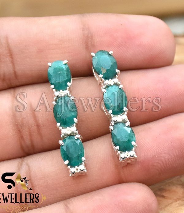 Indian Emerald Earring, 925 Sterling Silver Earring, Handmade Jewelry