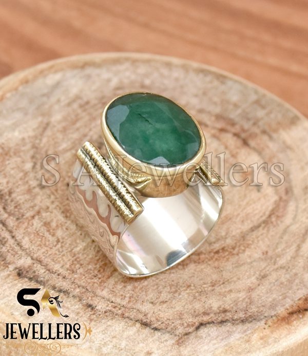 Indian Emerald Ring, 925 Sterling Silver Ring, Tow Tone Ring