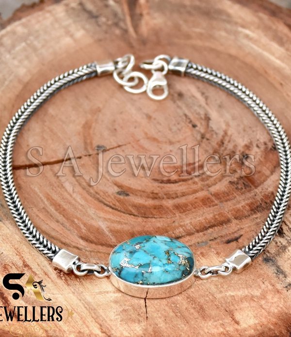 Blue Copper Turquoise Bracelet, 925 Sterling Silver Bracelet, Chain Bracelet,