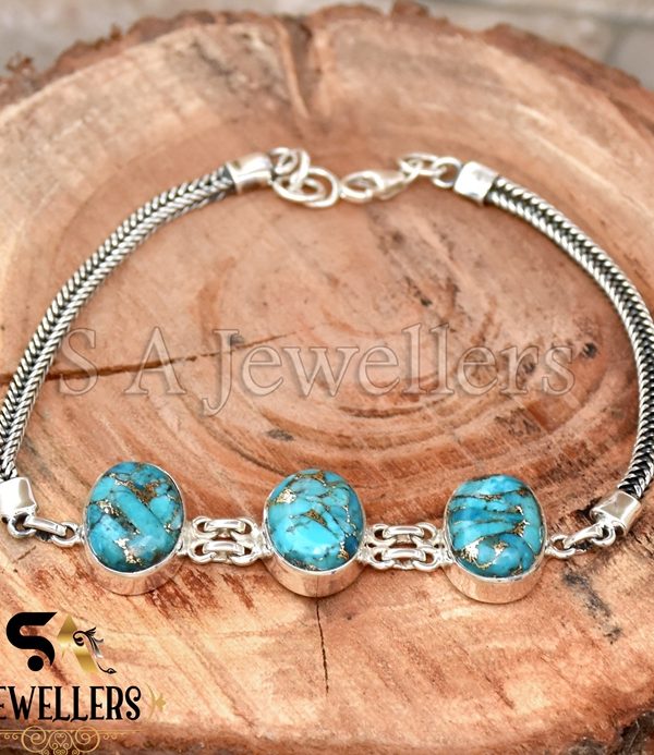 Blue Copper Turquoise Bracelet, 925 Sterling Silver Bracelet, Chain Bracelet,