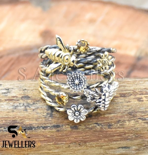 Garden Stacker Ring, Flower Bee Ring, 925 Sterling Silver Ring, Two Tone Ring