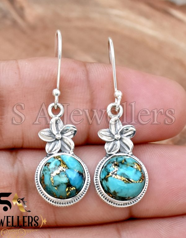 Blue Copper Turquoise Earring, 925 Sterling Silver Earring, Flower Earring