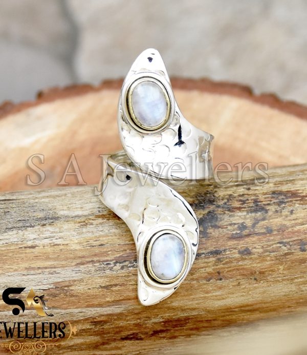 Rainbow Moonstone Ring, 925 Sterling Silver Ring, Adjustable Two Tone Ring