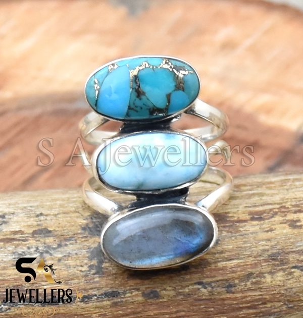 Natural Larimar & Multi Gemstone Ring, 925 Sterling Silver Ring, Gift For Her