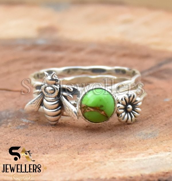 Green Copper Turquoise Ring, Garden Stacker Ring, 925 Sterling Silver