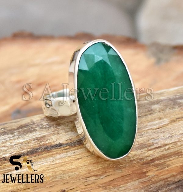 Indian Emerald Ring, 925 Sterling Silver Ring, Hammered Band Ring