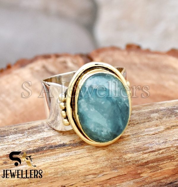 Natural Aquamarine Ring, 925 Sterling Silver, Brass Ball Ring, Two Tone Ring,