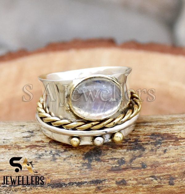 Rainbow Moonstone Ring, 925 Sterling Silver Ring, Twisted Band, Two Tone Ring