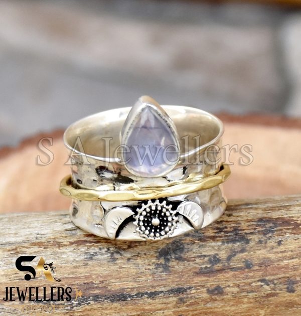 Rainbow Moonstone Ring, 925 Sterling Silver Ring, Twisted Band, Two Tone Ring