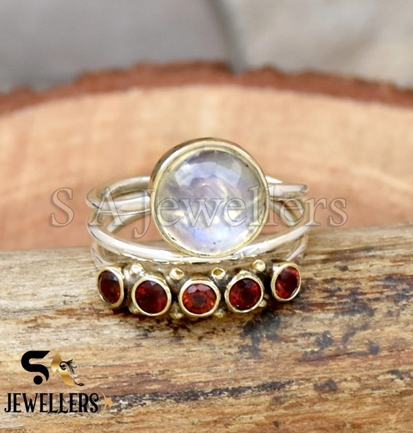 Rainbow Moonstone Ring, 925 Sterling Silver Ring, Garnet Ring, Two Tone Ring
