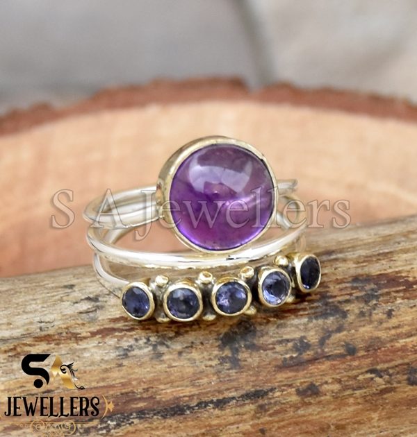 Amethyst Ring, 925 Sterling Silver Ring, Iolite Ring, Two Tone Ring