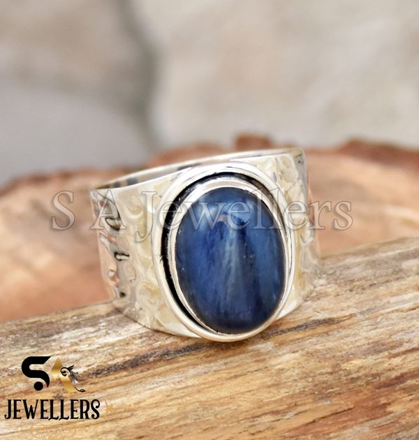Natural Blue Kyanite Ring, 925 Sterling Silver, Hammered Band Ring