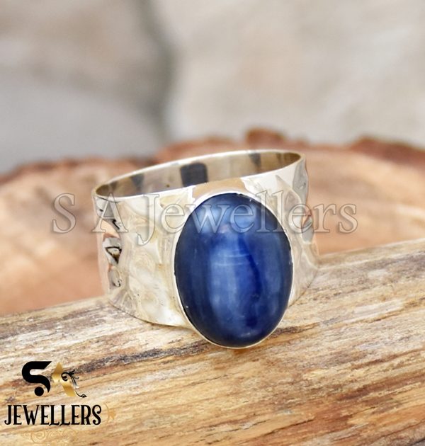 Natural Blue Kyanite Ring, 925 Sterling Silver, Hammered Band Ring