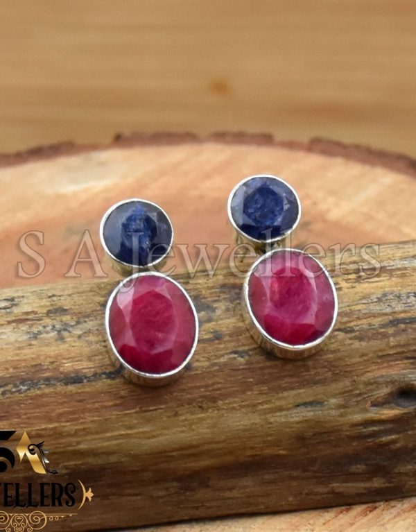 Indian Ruby Earrings, 925 Sterling Silver Earrings, Blue Sapphire, Handmade Earrings