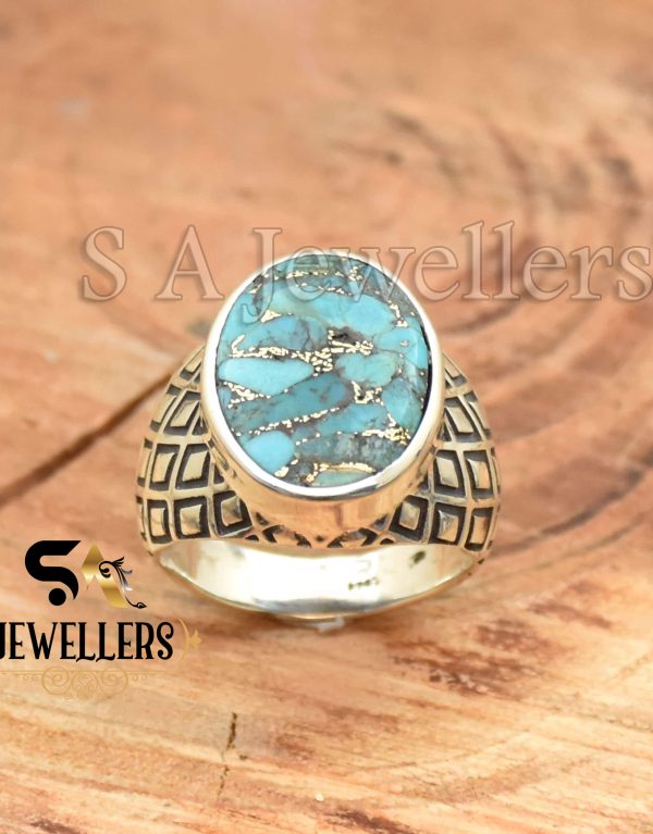 Blue Copper Turquoise Men's Ring, 925 Sterling Silver Ring, Statement Ring, Gift For Her