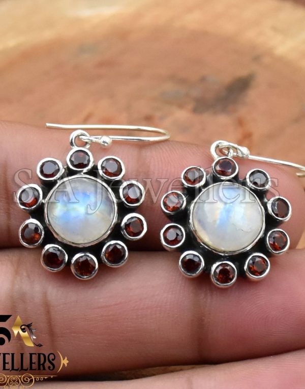 Rainbow Moonstone & Garnet Earrings, Dangle Droop Earring, 925 Sterling Silver
