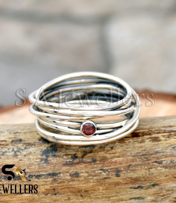 925 Sterling Silver, Garnet with Wire Band Ring, Jewelry, Multi Band Silver Ring