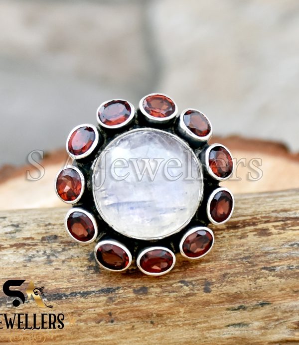 Large Rainbow Moonstone, Garnet Ring, 925 Sterling Silver, Handmade Boho Jewelry
